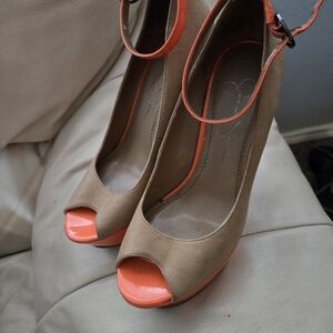Jessica Simpson Tan and Orange Peep-Toe Heels